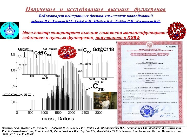 Получение и исследование высших фуллеренов Лаборатория нейтронных физико-химических исследований Лебедев В. Т. , Грушко