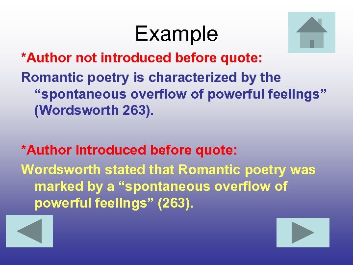 Example *Author not introduced before quote: Romantic poetry is characterized by the “spontaneous overflow