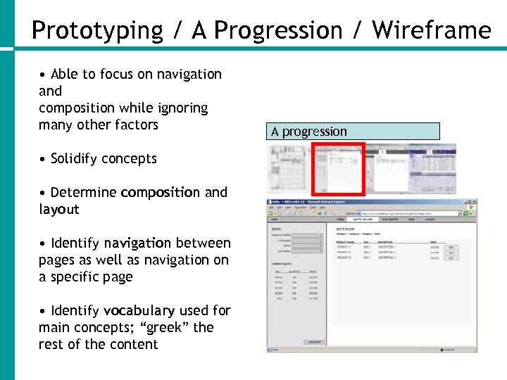 Prototyping / A Progression / Wireframe • Able to focus on navigation and composition