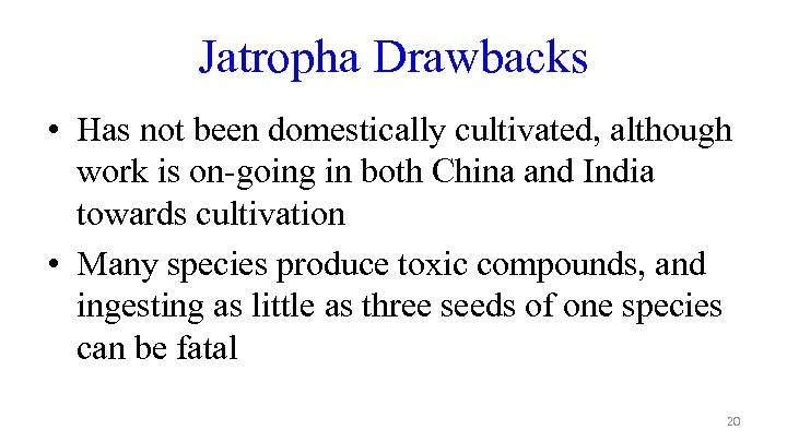 Jatropha Drawbacks • Has not been domestically cultivated, although work is on-going in both