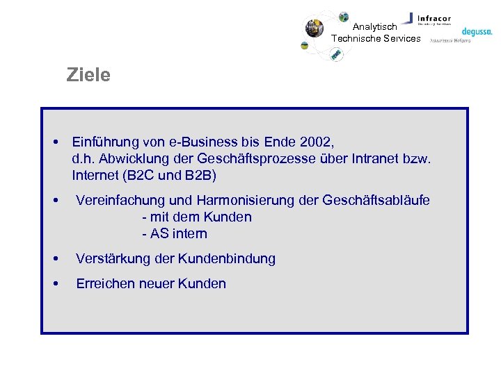 Analytisch Technische Services Ziele Einführung von e-Business bis Ende 2002, d. h. Abwicklung der