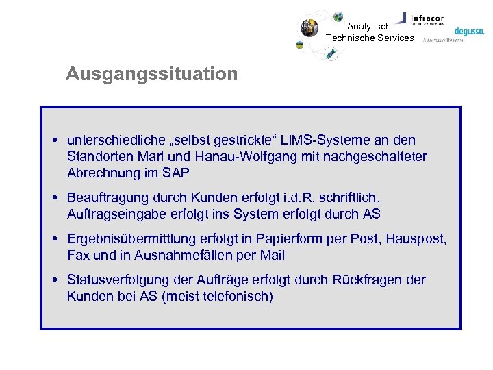 Analytisch Technische Services Ausgangssituation unterschiedliche „selbst gestrickte“ LIMS-Systeme an den Standorten Marl und Hanau-Wolfgang