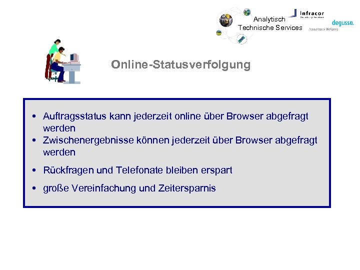 Analytisch Technische Services Online-Statusverfolgung Auftragsstatus kann jederzeit online über Browser abgefragt werden Zwischenergebnisse können