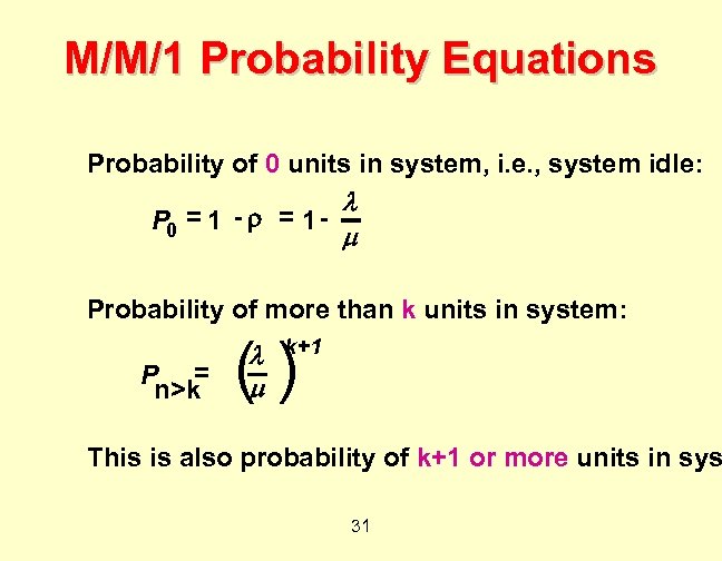 M/M/1 Probability Equations Probability of 0 units in system, i. e. , system idle: