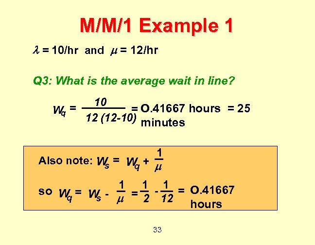 M/M/1 Example 1 = 10/hr and = 12/hr Q 3: What is the average