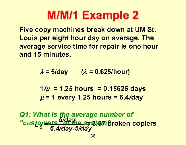 M/M/1 Example 2 Five copy machines break down at UM St. Louis per eight