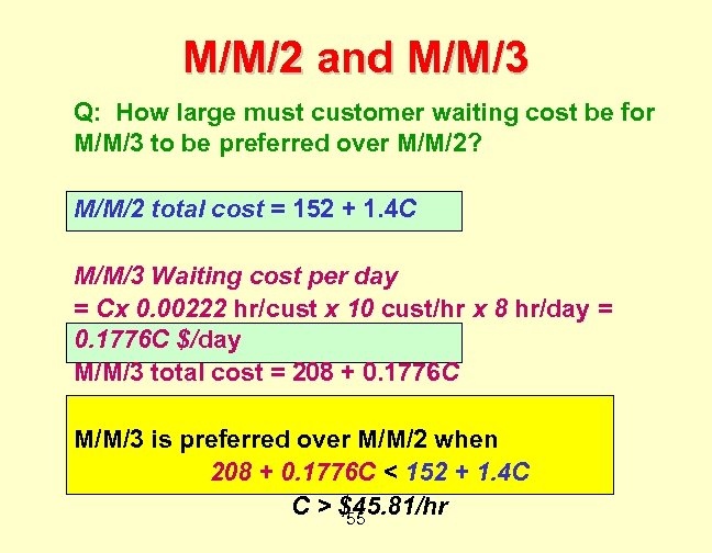 M/M/2 and M/M/3 Q: How large must customer waiting cost be for M/M/3 to