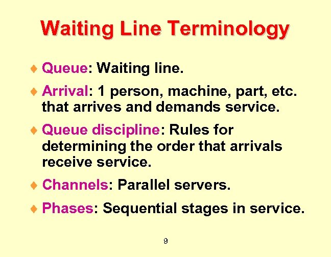 Waiting Line Terminology ¨ Queue: Waiting line. ¨ Arrival: 1 person, machine, part, etc.