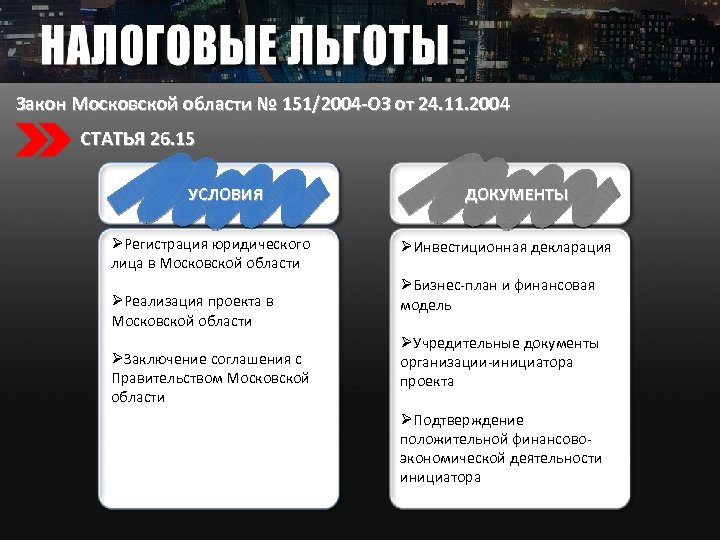 Закон Московской области № 151/2004 -ОЗ от 24. 11. 2004 СТАТЬЯ 26. 15 УСЛОВИЯ