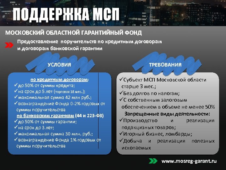 МОСКОВСКИЙ ОБЛАСТНОЙ ГАРАНТИЙНЫЙ ФОНД Предоставление поручительств по кредитным договорам и договорам банковской гарантии УСЛОВИЯ