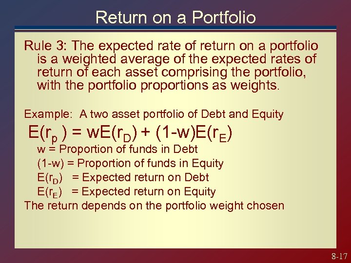 Return on a Portfolio Rule 3: The expected rate of return on a portfolio