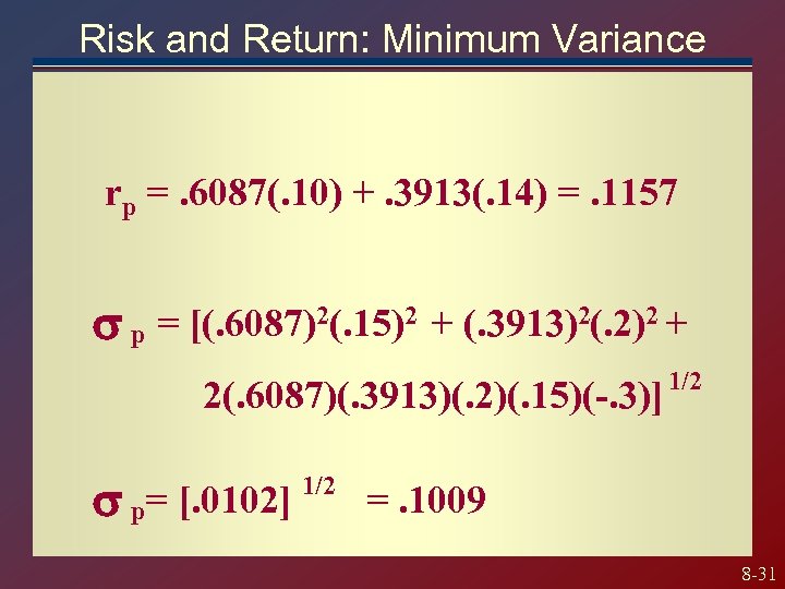 Risk and Return: Minimum Variance rp =. 6087(. 10) +. 3913(. 14) =. 1157