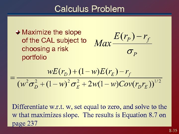 Calculus Problem Maximize the slope of the CAL subject to choosing a risk portfolio