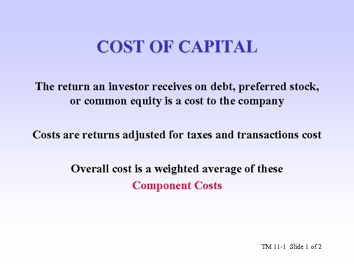 COST OF CAPITAL The return an investor receives on debt, preferred stock, or common