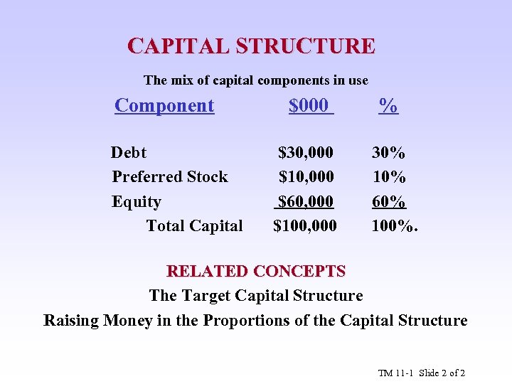 CAPITAL STRUCTURE The mix of capital components in use Component Debt Preferred Stock Equity