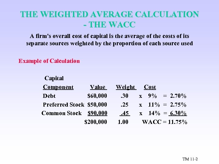 THE WEIGHTED AVERAGE CALCULATION - THE WACC A firm's overall cost of capital is