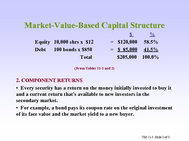 Market-Value-Based Capital Structure Equity 10, 000 shrs x $12 Debt 100 bonds x $850