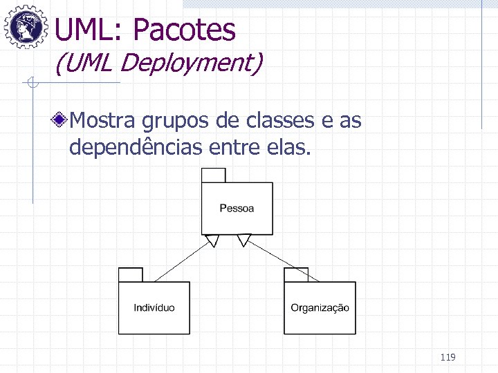UML: Pacotes (UML Deployment) Mostra grupos de classes e as dependências entre elas. 119