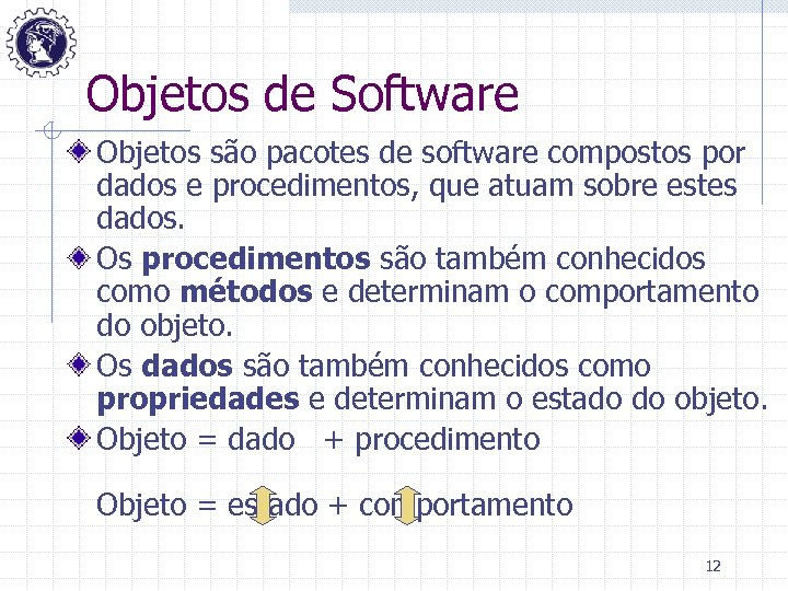 Objetos de Software Objetos são pacotes de software compostos por dados e procedimentos, que