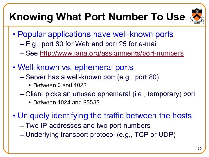 Knowing What Port Number To Use • Popular applications have well-known ports – E.