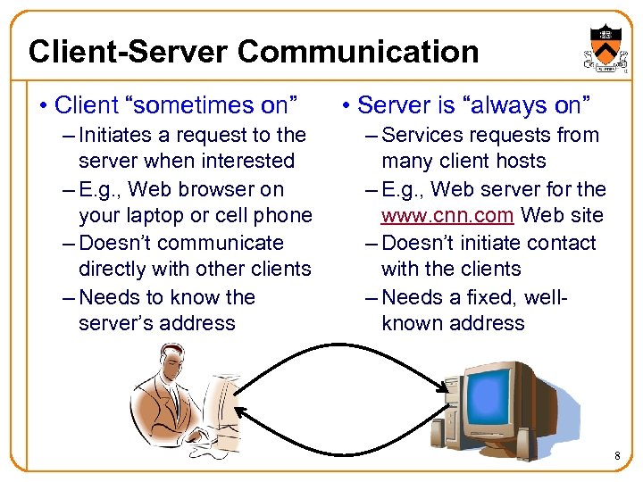 Client-Server Communication • Client “sometimes on” – Initiates a request to the server when
