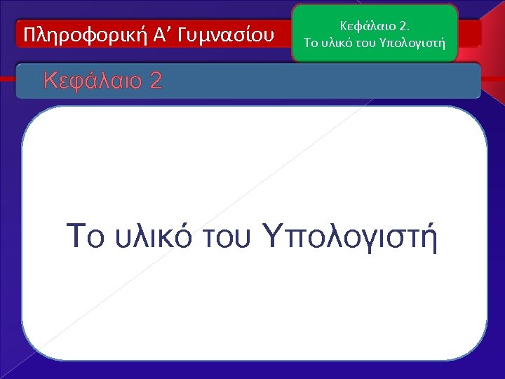Πληροφορική Α’ Γυμνασίου Κεφάλαιο 2. Το υλικό του Υπολογιστή Κεφάλαιο 2 Το υλικό του