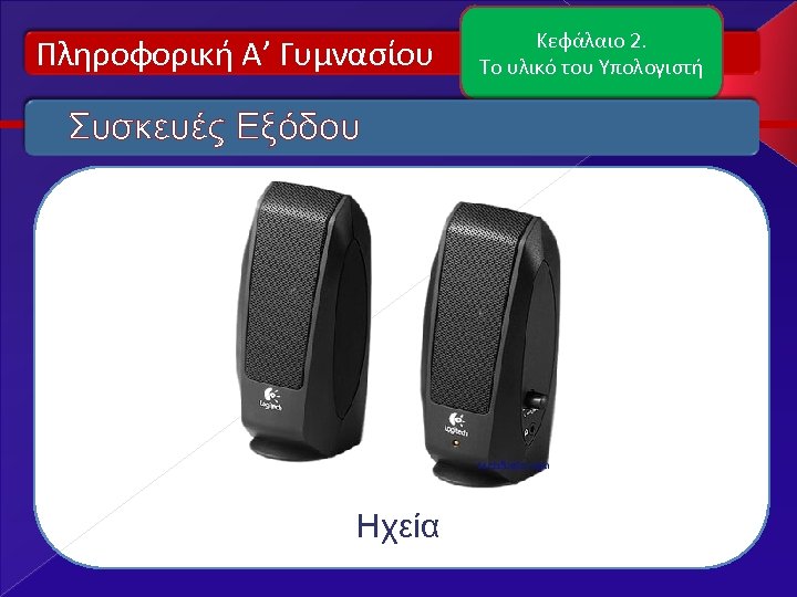 Πληροφορική Α’ Γυμνασίου Συσκευές Εξόδου Ηχεία Κεφάλαιο 2. Το υλικό του Υπολογιστή 