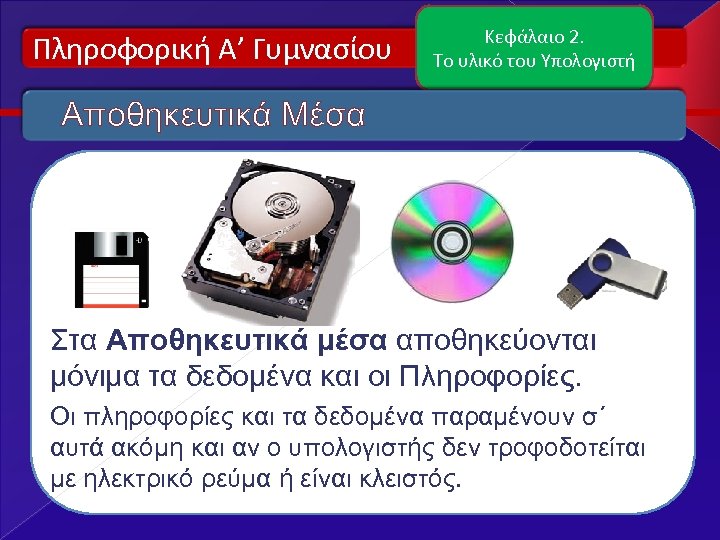 Πληροφορική Α’ Γυμνασίου Κεφάλαιο 2. Το υλικό του Υπολογιστή Αποθηκευτικά Μέσα Στα Αποθηκευτικά μέσα