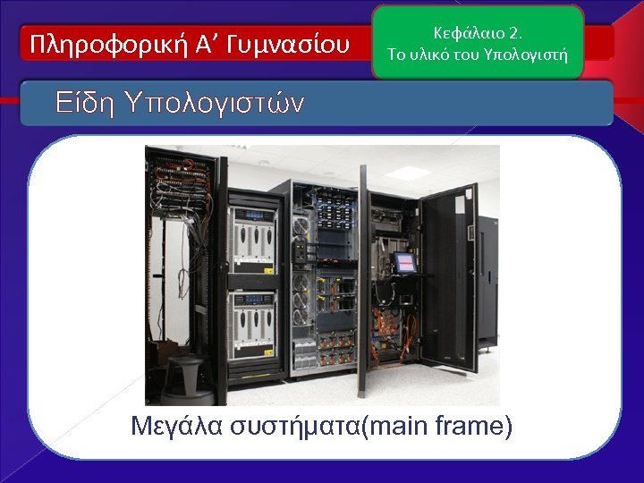 Πληροφορική Α’ Γυμνασίου Κεφάλαιο 2. Το υλικό του Υπολογιστή Είδη Υπολογιστών Μεγάλα συστήματα(main frame)
