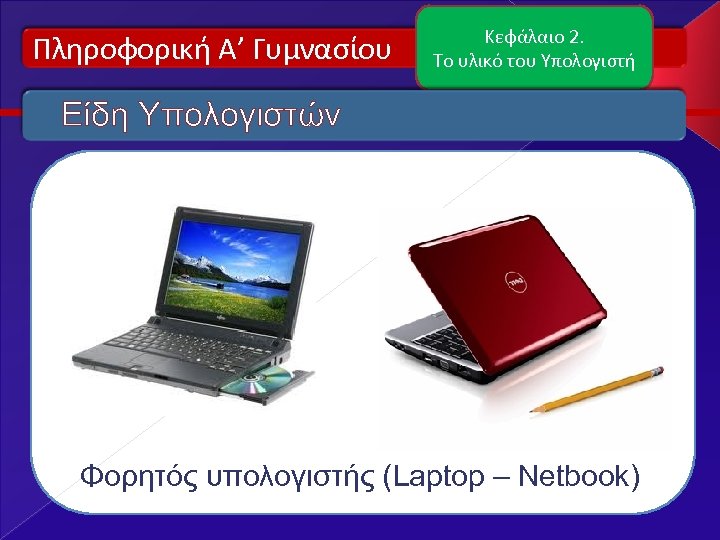Πληροφορική Α’ Γυμνασίου Κεφάλαιο 2. Το υλικό του Υπολογιστή Είδη Υπολογιστών Φορητός υπολογιστής (Laptop