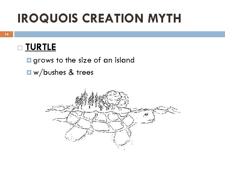 IROQUOIS CREATION MYTH 14 TURTLE grows to the size of an island w/bushes &