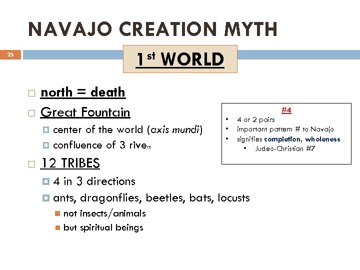 NAVAJO CREATION MYTH 1 st WORLD 25 north = death Great Fountain center of