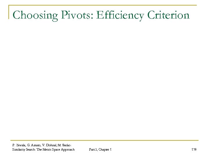 Choosing Pivots: Efficiency Criterion P. Zezula, G. Amato, V. Dohnal, M. Batko: Similarity Search: