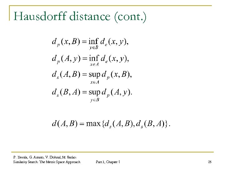 Hausdorff distance (cont. ) P. Zezula, G. Amato, V. Dohnal, M. Batko: Similarity Search: