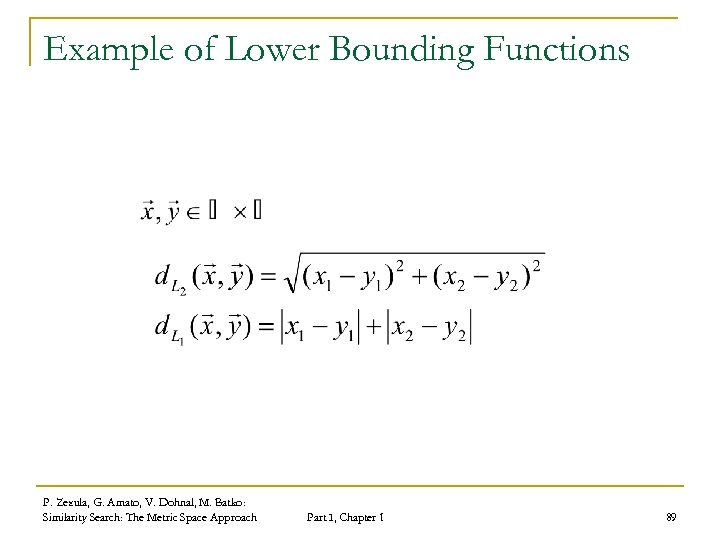 Example of Lower Bounding Functions P. Zezula, G. Amato, V. Dohnal, M. Batko: Similarity