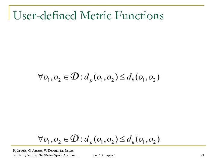User-defined Metric Functions P. Zezula, G. Amato, V. Dohnal, M. Batko: Similarity Search: The