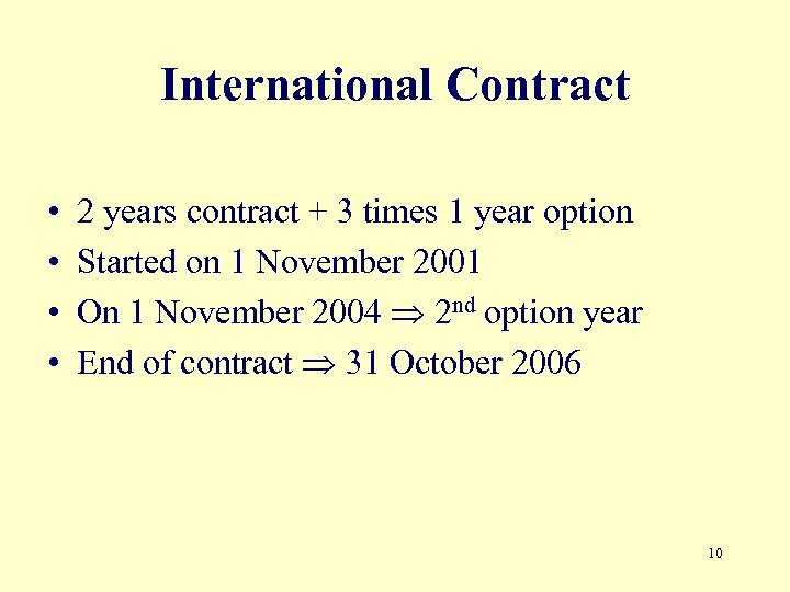 International Contract • • 2 years contract + 3 times 1 year option Started
