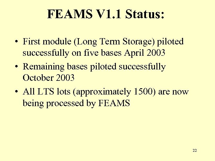 FEAMS V 1. 1 Status: • First module (Long Term Storage) piloted successfully on