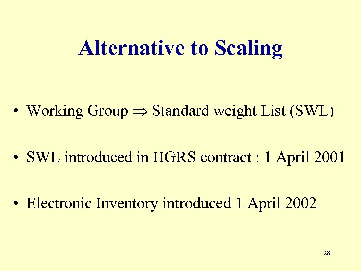 Alternative to Scaling • Working Group Standard weight List (SWL) • SWL introduced in