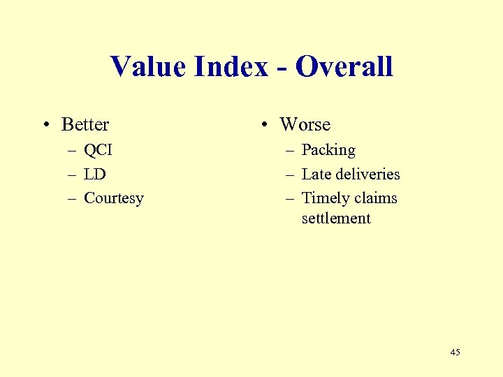 Value Index - Overall • Better – QCI – LD – Courtesy • Worse