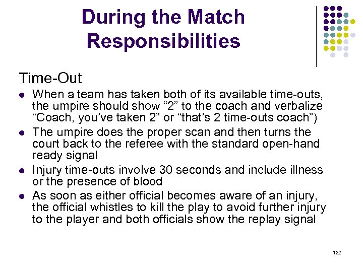 During the Match Responsibilities Time-Out l l When a team has taken both of