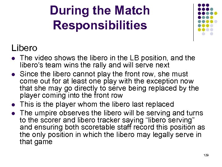 During the Match Responsibilities Libero l l The video shows the libero in the