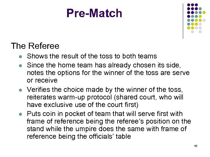 Pre-Match The Referee l l Shows the result of the toss to both teams