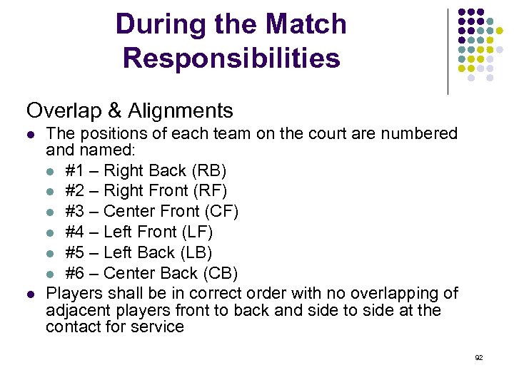 During the Match Responsibilities Overlap & Alignments l l The positions of each team