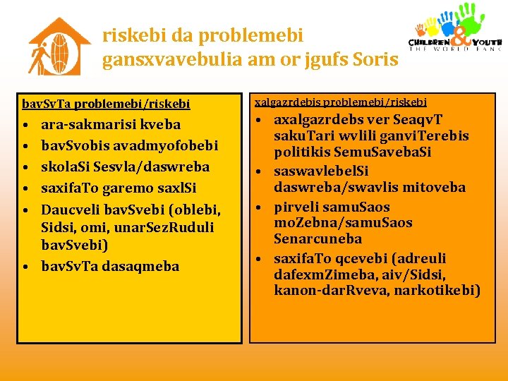 riskebi da problemebi gansxvavebulia am or jgufs Soris bav. Sv. Ta problemebi/riskebi • •