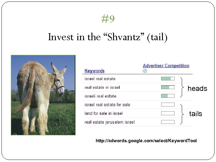 #9 Invest in the “Shvantz” (tail) heads tails http: //adwords. google. com/select/Keyword. Tool 