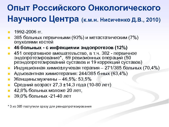 Опыт Российского Онкологического Научного Центра (к. м. н. Нисиченко Д. В. , 2010) n