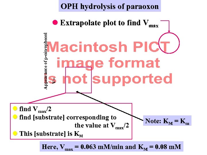 OPH hydrolysis of paraoxon V= Appearance of p-nitrophenol Extrapolate plot to find Vmax/2 find