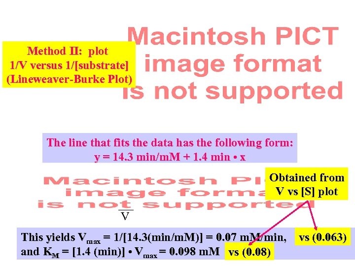Method II: plot 1/V versus 1/[substrate] (Lineweaver-Burke Plot) The line that fits the data