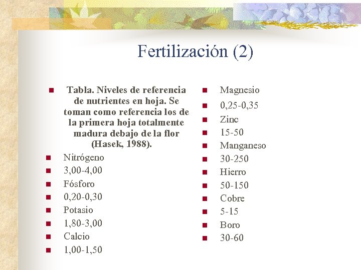 Fertilización (2) n n n n n Tabla. Niveles de referencia de nutrientes en